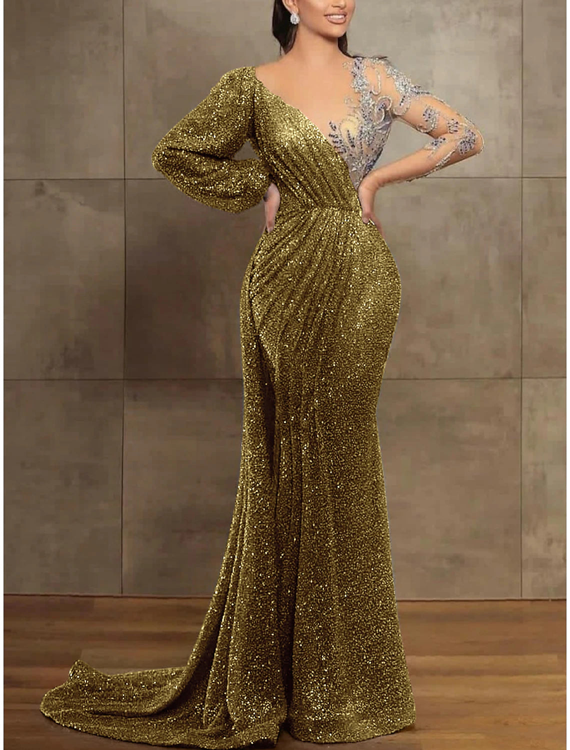 Sequin Mermaid / Trumpet Evening Gown Champagne Gold Elegant Dress Formal Christmas Red Green Dress Court Train Long Sleeve Illusion Neck Sequined with Pleats 2025