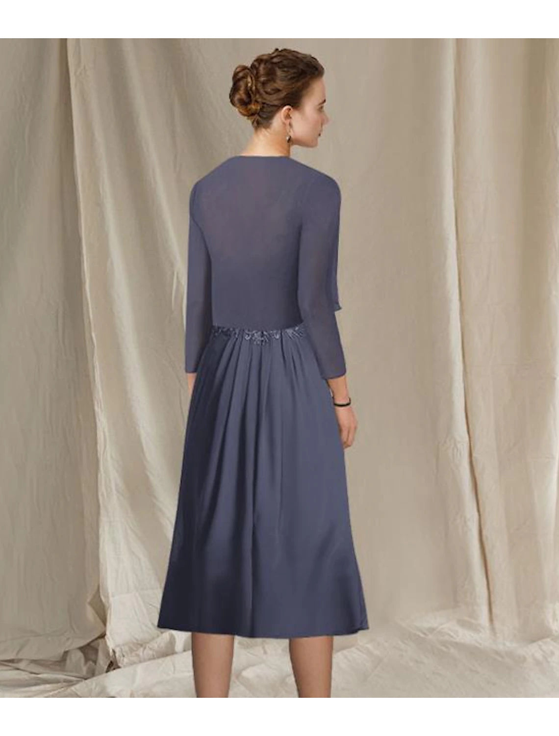 Slate Blue A-Line Tea-Length Mother of the Bride Dress with Lace Bodice