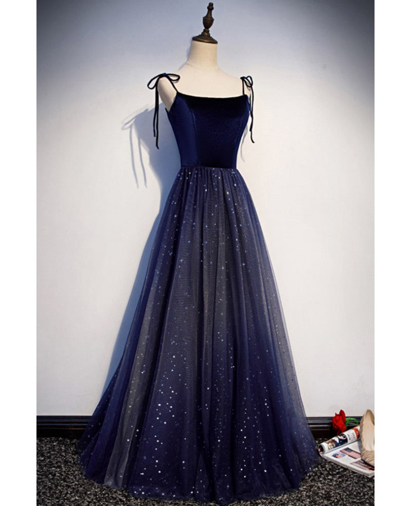 Shining navy blue suede fine shoulder strap sleeveless off shoulder evening dress with navy blue A-line princess sequin backless and ground length ruffled edge for evening dress