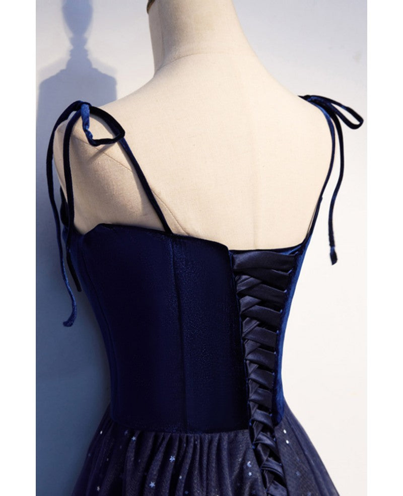 Shining navy blue suede fine shoulder strap sleeveless off shoulder evening dress with navy blue A-line princess sequin backless and ground length ruffled edge for evening dress