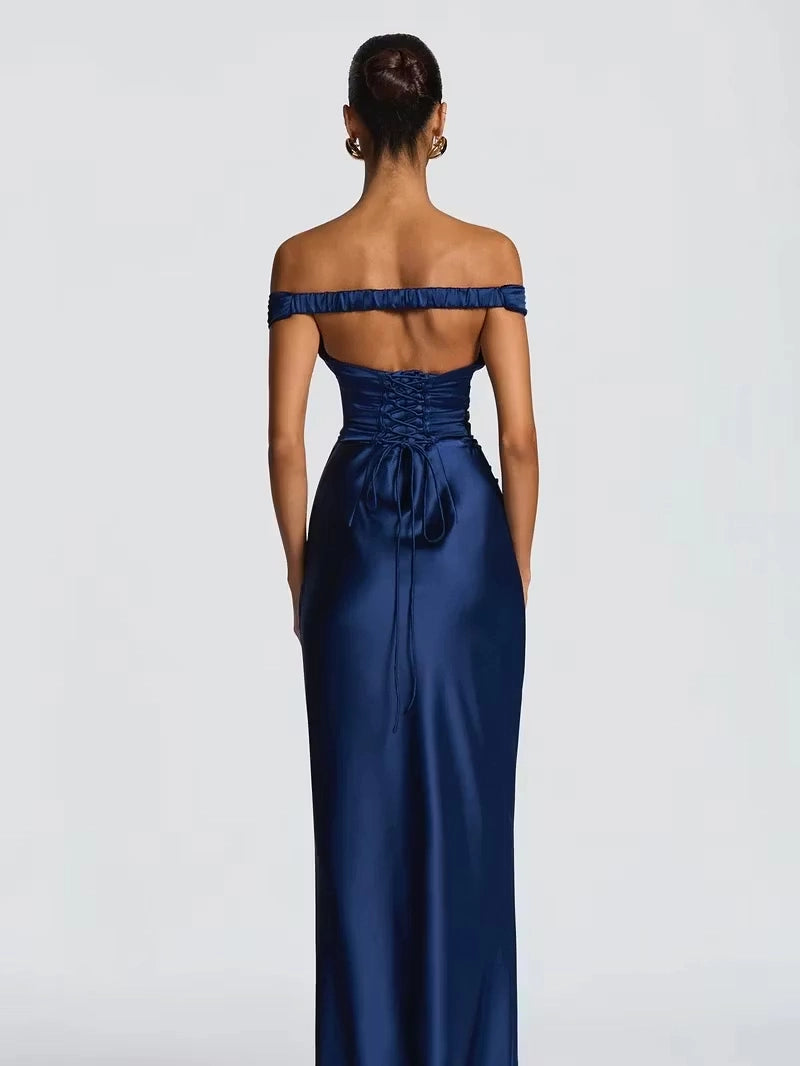 Navy Blue Satin Mermaid Off The Shoulder Lace Up Back Floor Length Dress Back View - Jimiss