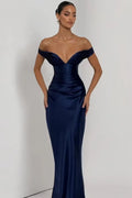 Navy Blue Satin Mermaid Off The Shoulder Lace Up Back Floor Length Dress Front View - Jimiss
