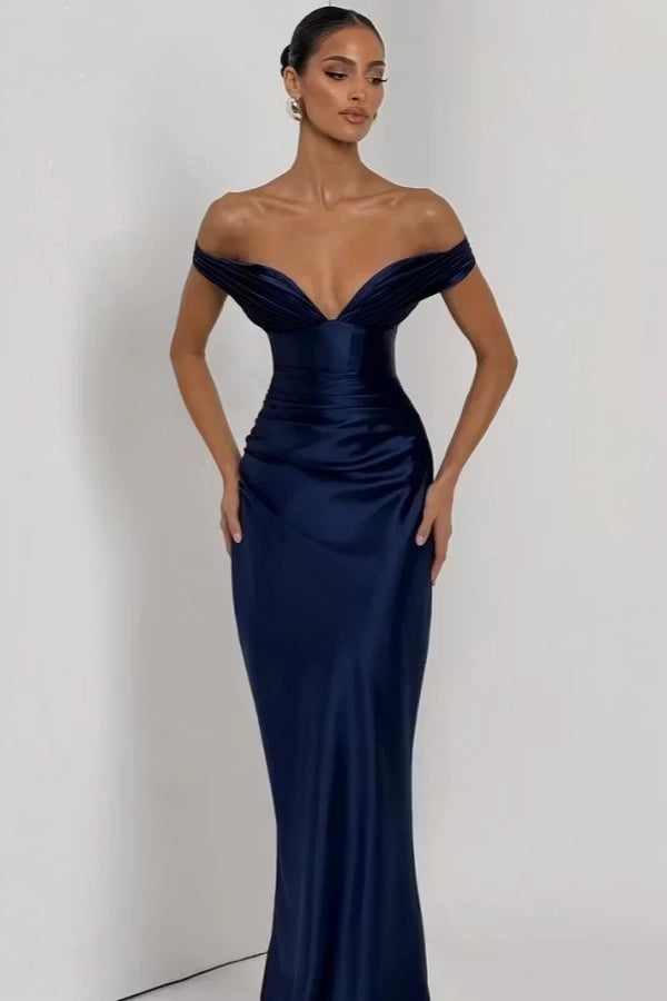 Navy Blue Satin Mermaid Off The Shoulder Lace Up Back Floor Length Dress Front View - Jimiss