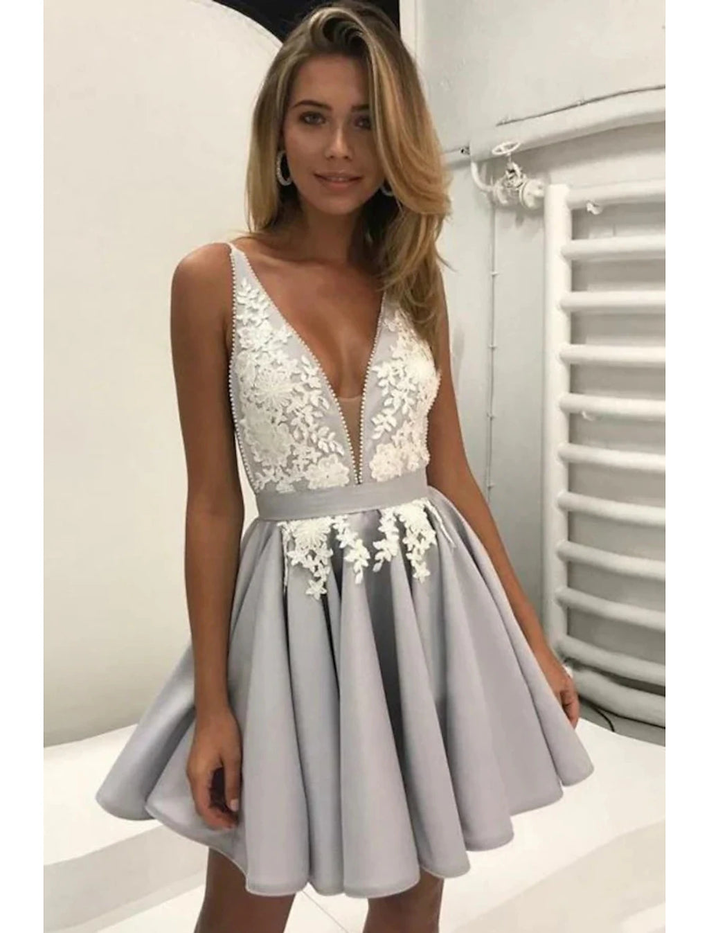 Grey Satin Lace Short A-Line V-Neck Evening Dress with Lace Appliques and Pleated Skirt