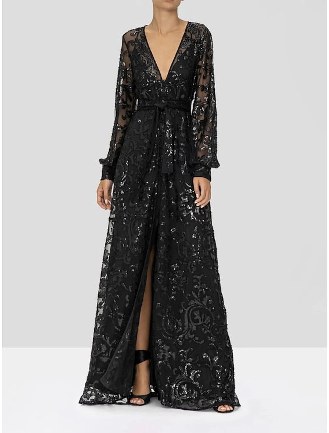 Abito da cerimonia per la madre della sposa, a trapezio, elegante, scintillante e brillante, con scollo a V, lunghezza al pavimento, in pizzo, paillettes, maniche lunghe con applicazioni di paillettes, spacco frontale