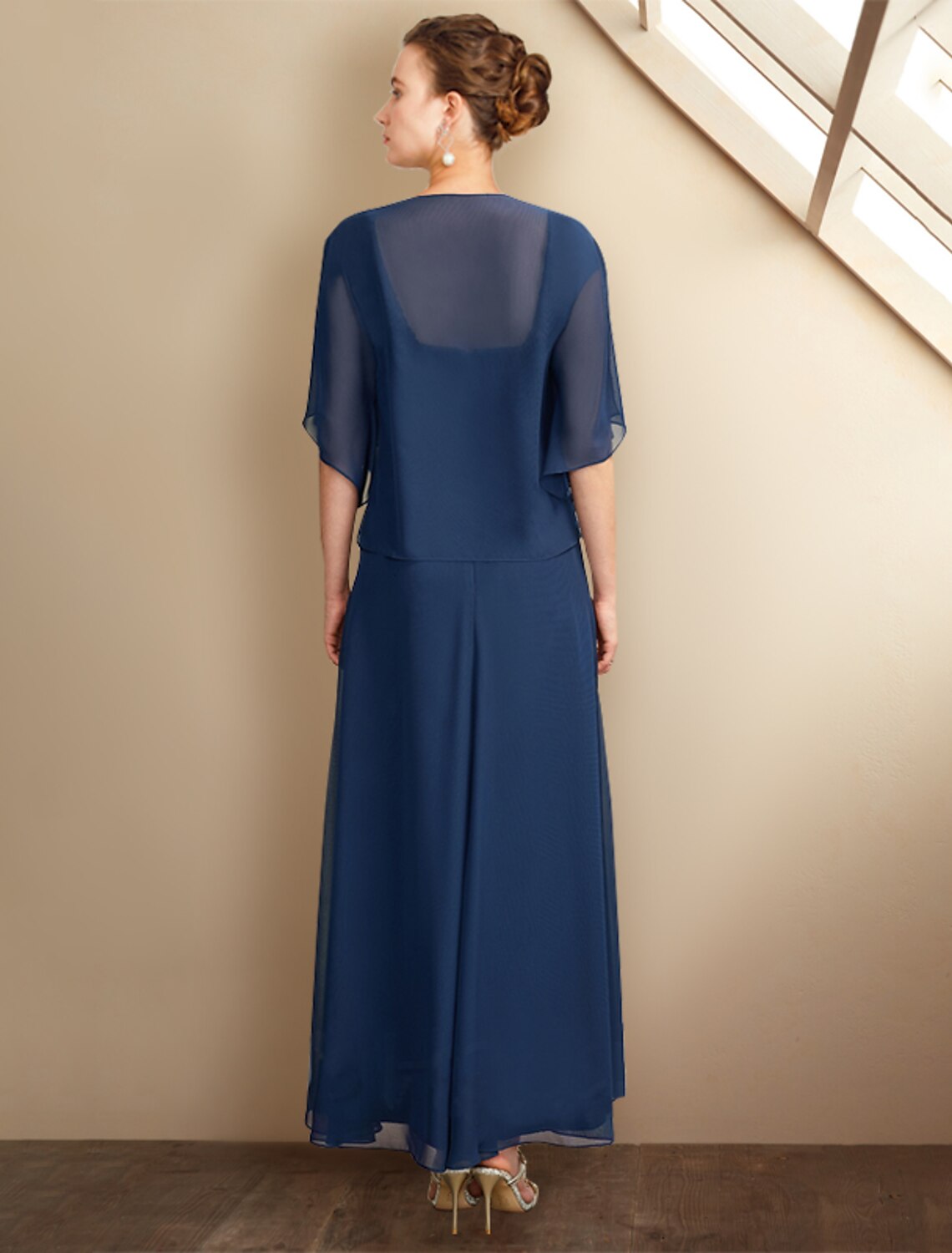 Navy Blue Chiffon Ankle-Length Mother of the Bride Dress with Lace Bodice & Jacket