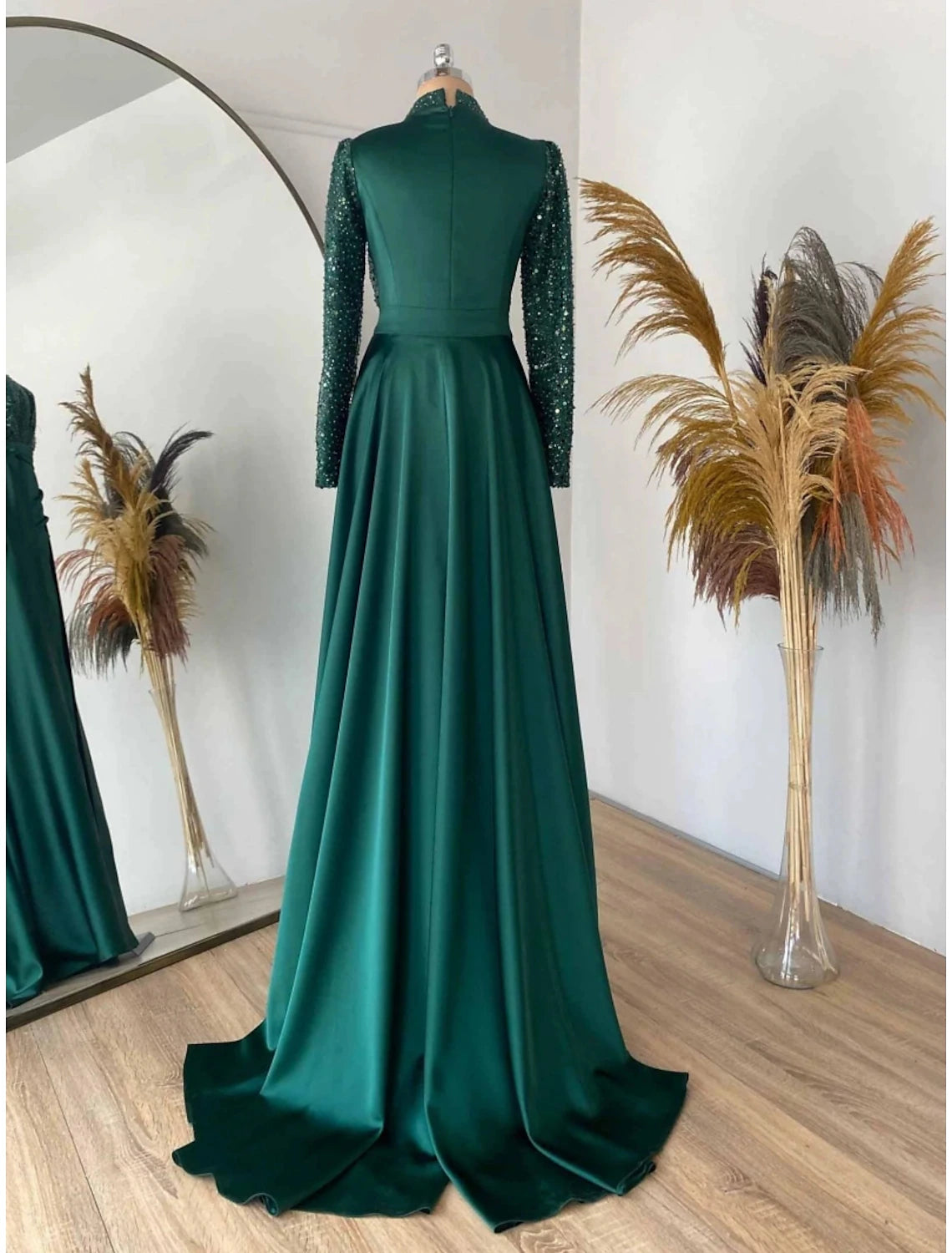 Emerald Sequin High Neck A-Line Floor-Length Gown