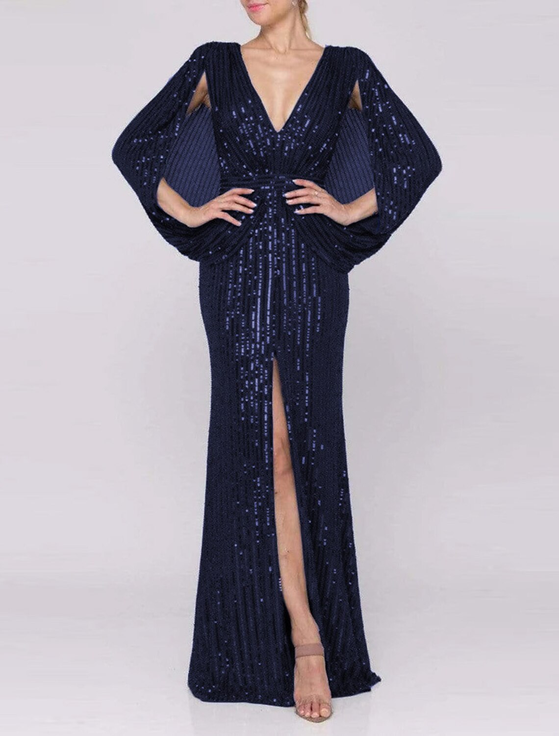 Dark Navy Glitter Fabric Floor-Length Evening Dress with Ruched Bodice and High Slit