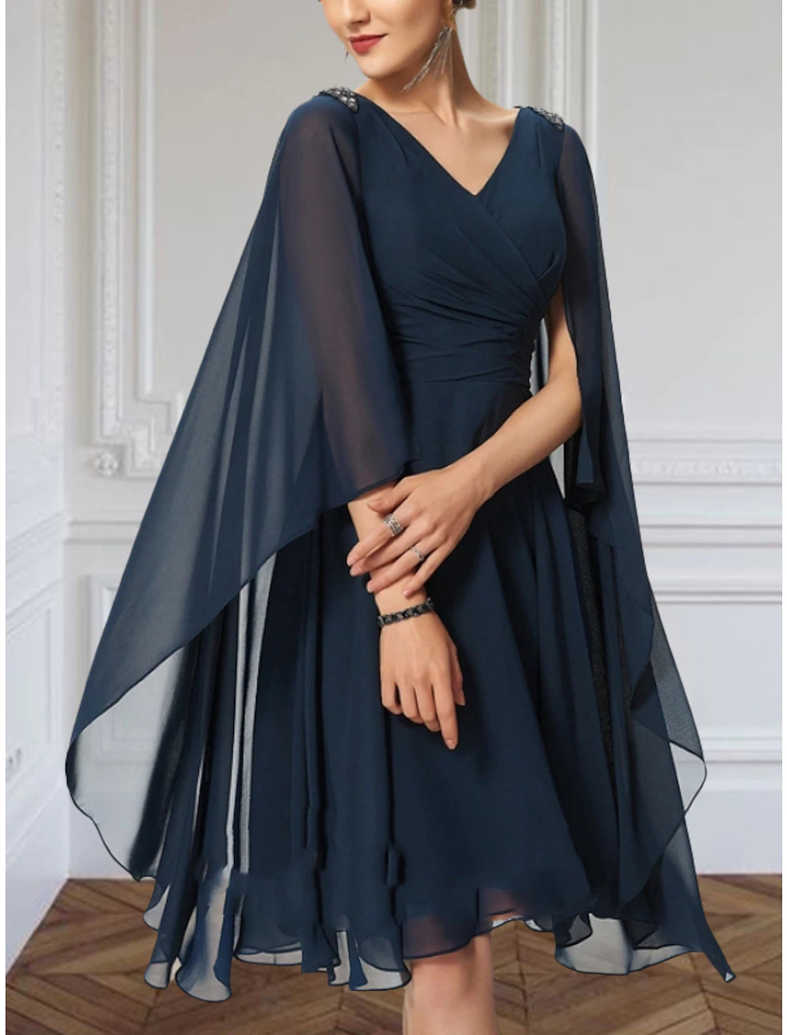 Dark Navy Chiffon A-Line Knee-Length Dress with V-Neck, Draped Bodice & Sheer Cape Sleeves