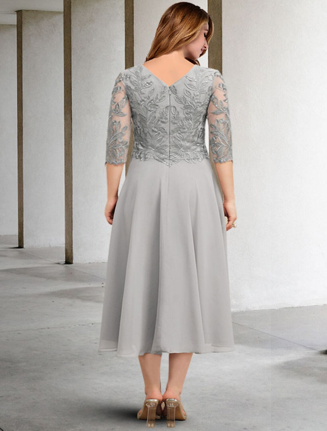 Abiti da sposa a trapezio per la madre della sposa, taglie forti, eleganti, con curve addominali nascoste, lunghezza tè, maniche a 3/4, scollo gioiello, in chiffon con applicazioni di paillettes