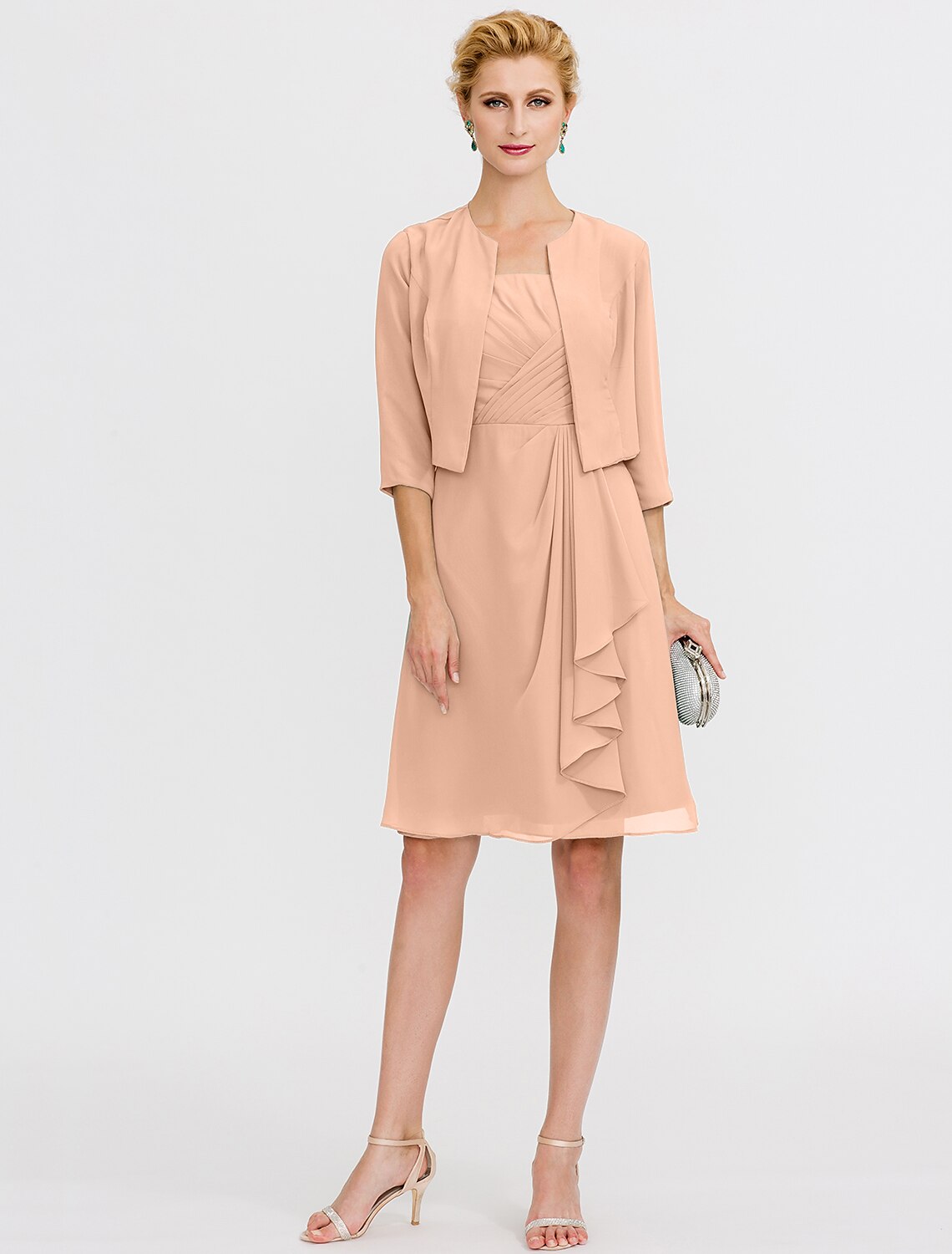 Abito da sposa a trapezio, elegante, corto/mini, in chiffon, senza maniche, con pieghe e perline, due pezzi, formale