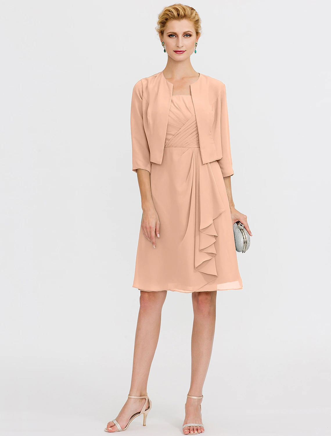 Abito da sposa a trapezio, elegante, corto/mini, in chiffon, senza maniche, con pieghe e perline, due pezzi, formale