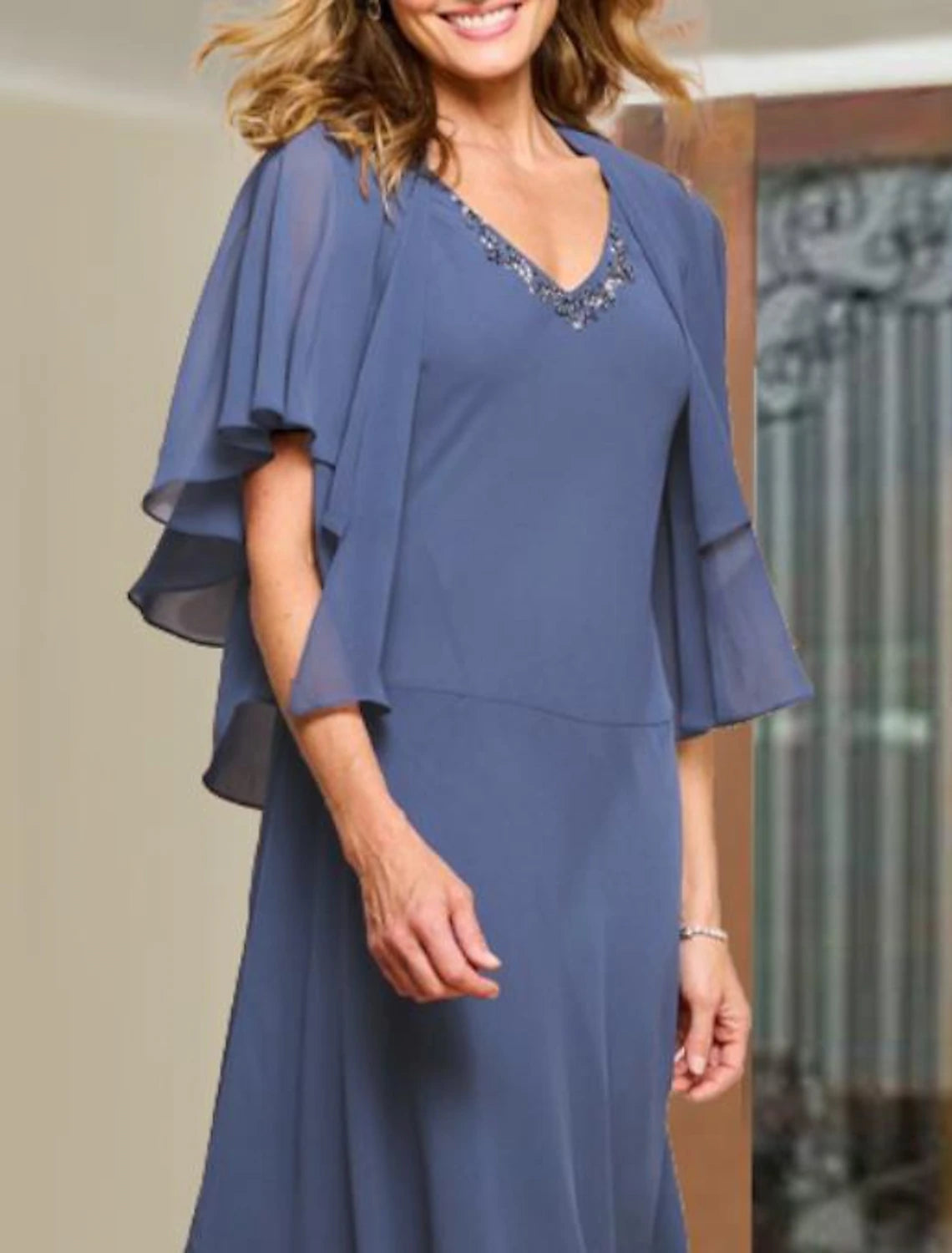 Dusty Blue Chiffon A-Line Tea-Length Bridesmaid Dress with Beaded V-Neck and Flutter Sleeves
