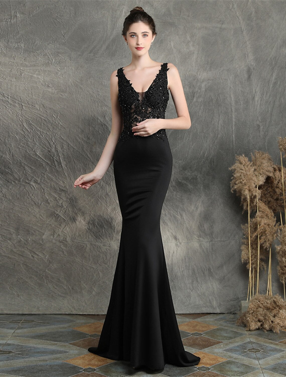 Vestido de noche de sirena/trompeta con espalda abierta, vestido formal para invitadas de boda, cola larga/cortada, sin mangas, escote en V, mezcla de algodón con apliques de cuentas