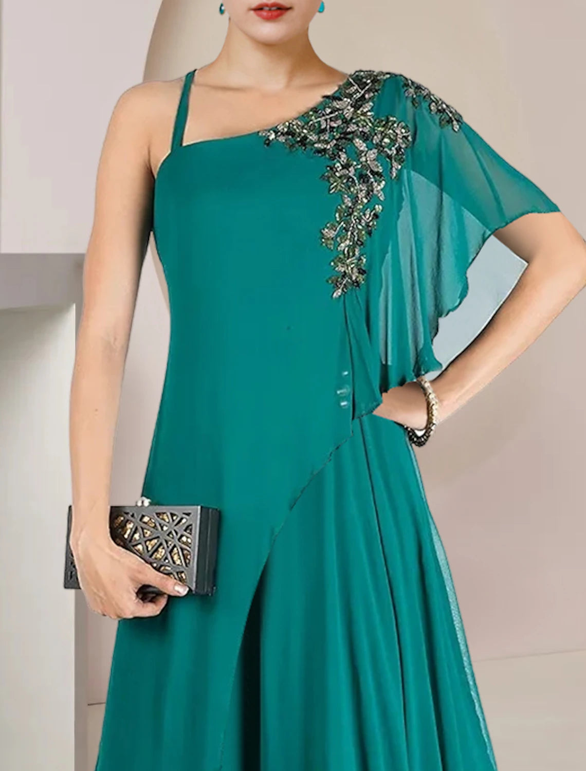 Abito da cerimonia per la madre della sposa, elegante, a trapezio, monospalla, lunghezza pavimento, in chiffon, senza maniche, con applicazioni a pieghe