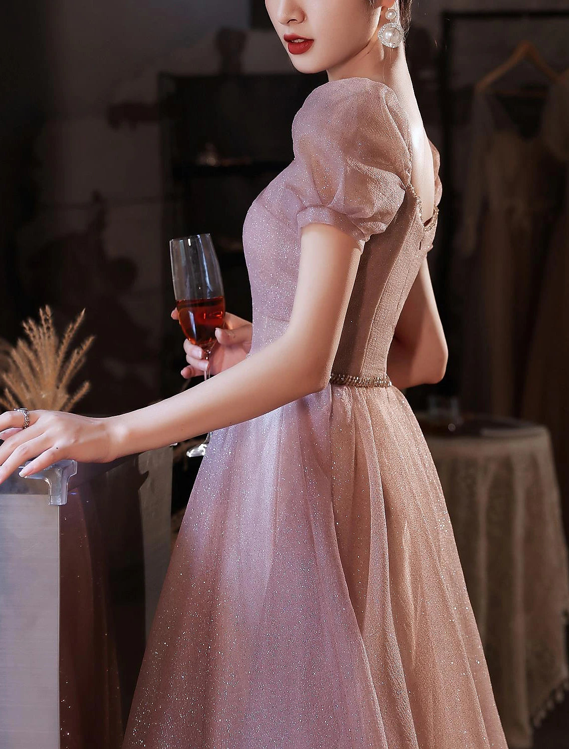 Vestido elegante de fiesta, formal, de noche, de cumpleaños, con escote corazón, manga corta, largo hasta el suelo, de encaje con cuentas, con espalda hermosa