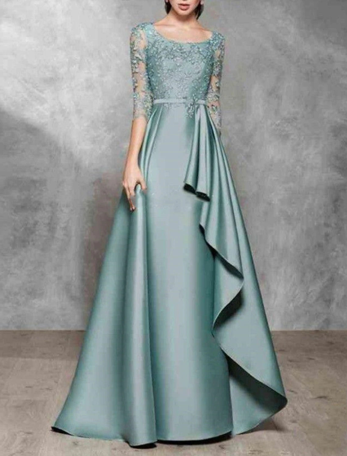 Dusty Blue A-Line Floor-Length Dress with Boat Neck Lace Bodice
