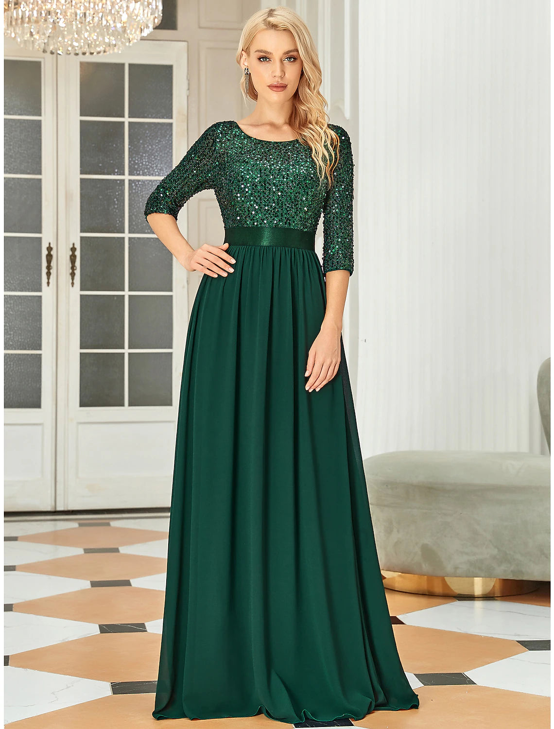 Abito da cerimonia per la madre della sposa, a trapezio, elegante, con scollo gioiello, lunghezza al pavimento, in tulle con paillettes, manica a 3/4, con paillettes, taglie forti
