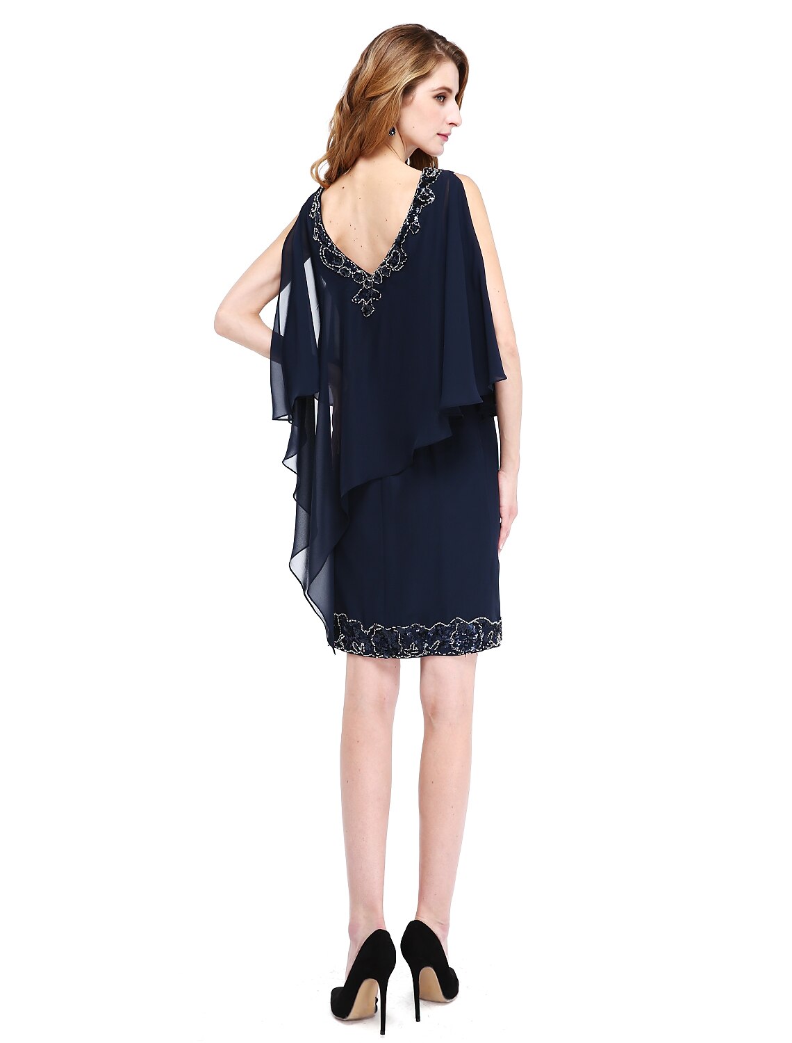 Abito da madre della sposa a tubino, con scollo a V, lunghezza al ginocchio, in chiffon, senza maniche, con perline e paillettes