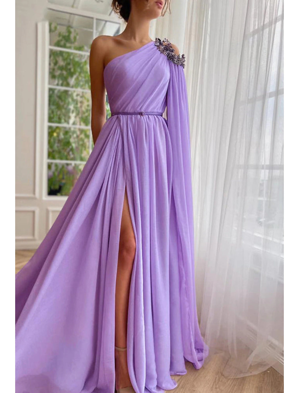Lavender Chiffon A-Line One Shoulder Floor-Length Bridesmaid Dress with Draped Bodice, High Slit, and Embellished Shoulder