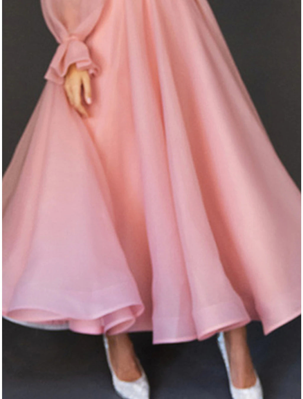 Pink Off-the-Shoulder Organza A-Line Tea-Length Bridesmaid Dress
