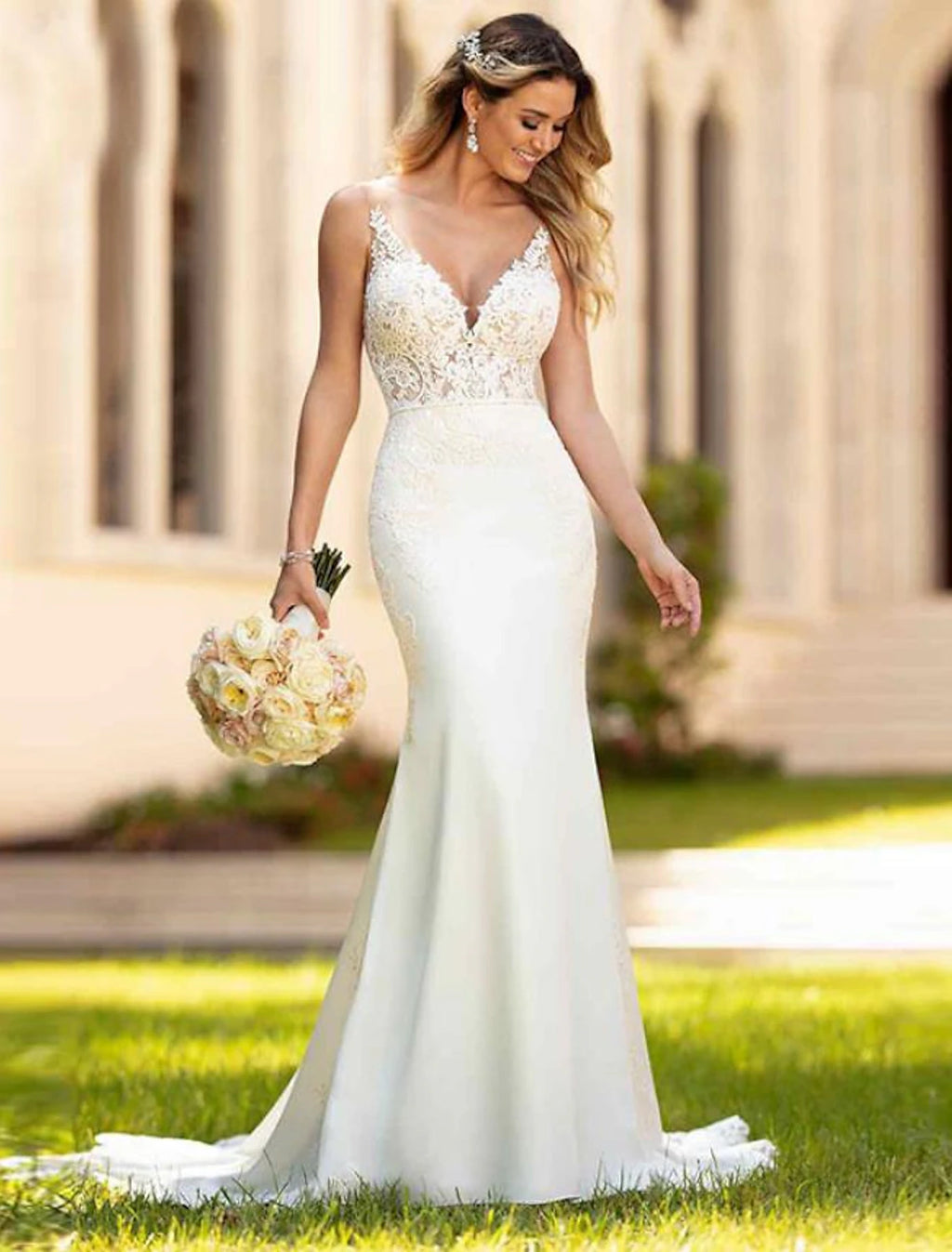 Vestidos de novia formales de corte sirena/trompeta con escote en V, sin mangas, con espalda descubierta y encaje, con apliques, para verano, bodas y fiestas.