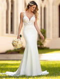 Vestidos de novia formales de corte sirena/trompeta con escote en V, sin mangas, con espalda descubierta y encaje, con apliques, para verano, bodas y fiestas.