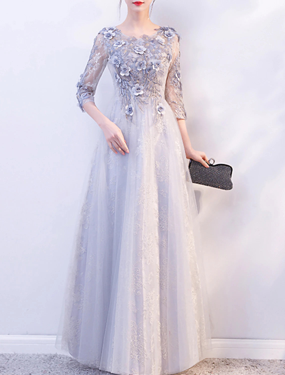 Dusty Blue Lace A-Line Floor-Length Dress with 3D Floral Appliques