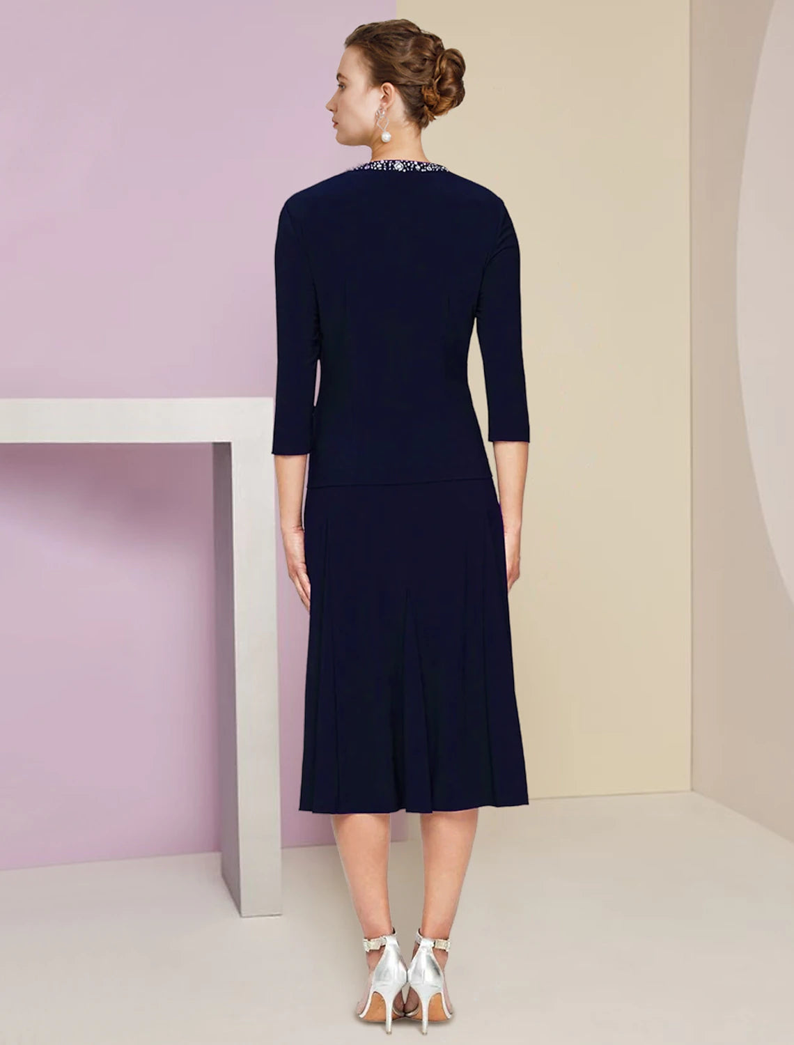 Dark Navy Crepe A-Line Tea-Length Evening Dress with Embellished Keyhole Neckline and Pleated Skirt