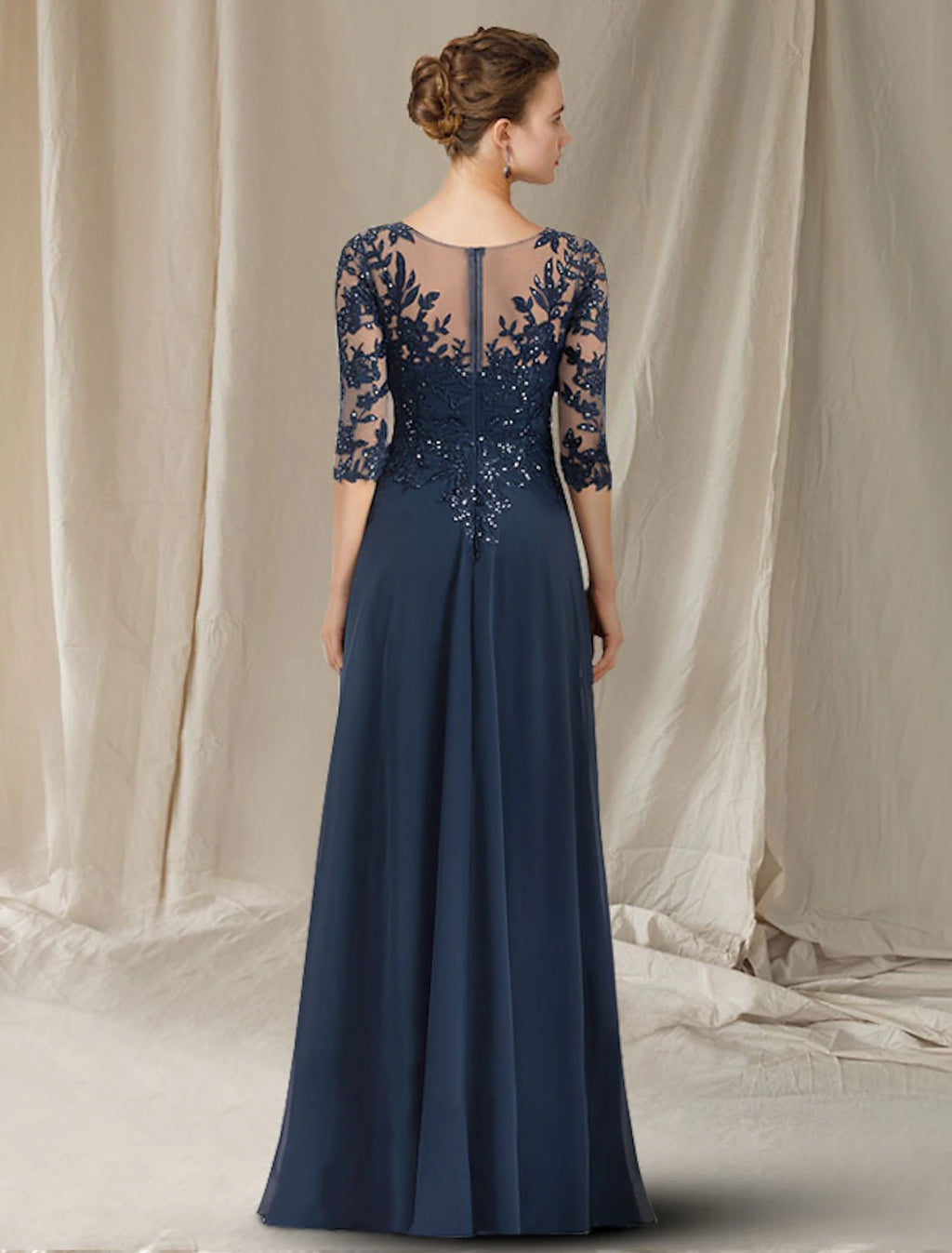 Vestido elegante de madre de la novia de corte A, escote en V, largo hasta el suelo, de gasa, encaje con lentejuelas, media manga con apliques de lentejuelas
