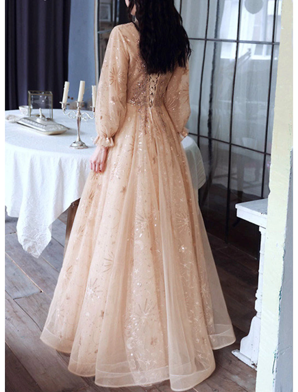 Vestido de noche formal de compromiso elegante con corte A brillante, cuello alto, manga larga, largo hasta el suelo, de tul con lentejuelas