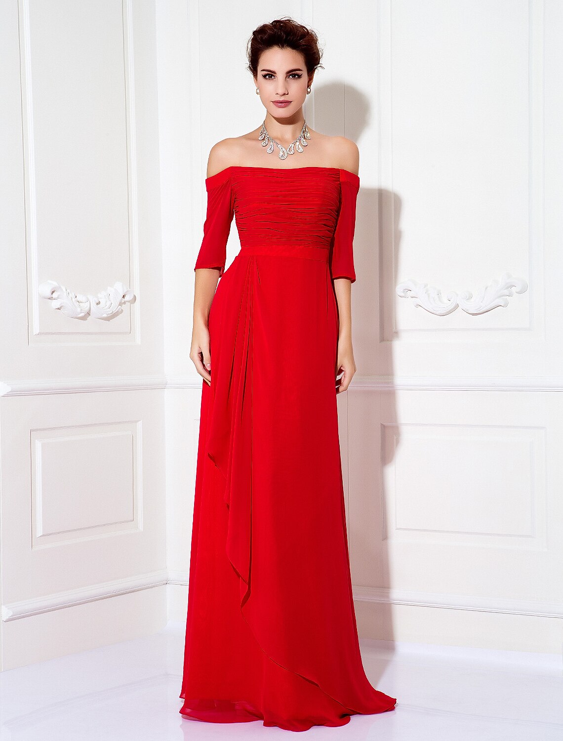 Coral Chiffon A-Line Off-the-Shoulder Floor-Length Bridesmaid Dress with Ruched Bodice