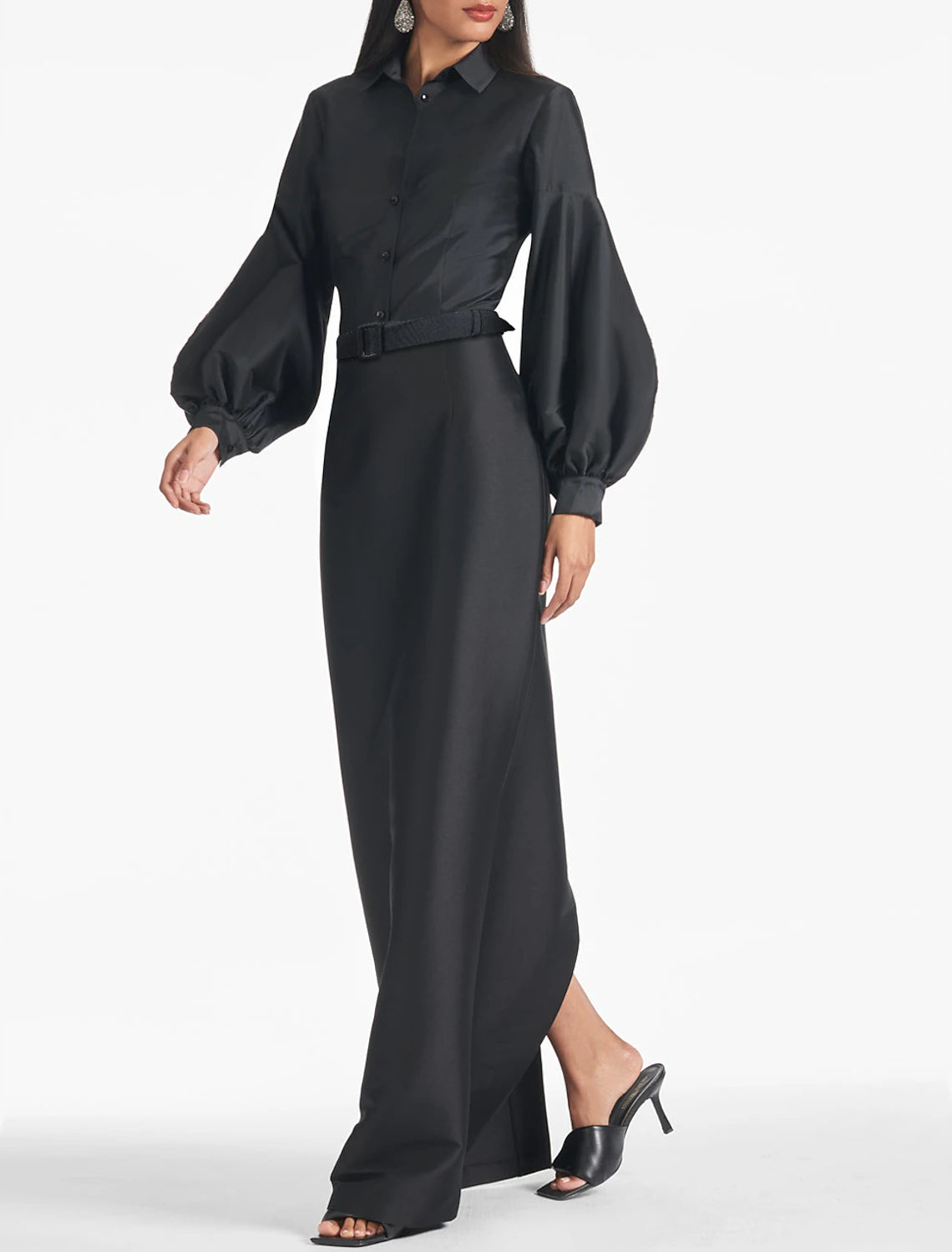 Vestido de noche elegante de sirena/trompeta, negro, formal, otoño, largo hasta el suelo, manga larga, cuello camisero, satén con tiras