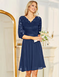 Dark Navy Lace Chiffon Midi A-Line Bridesmaid Dress with V-Neckline & Scalloped Bodice
