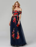 Vestidos de fiesta de corte A, vestido floral, para invitada de boda, para graduación, largo hasta el suelo, sin mangas, hombros descubiertos, encaje sobre tul con apliques bordados