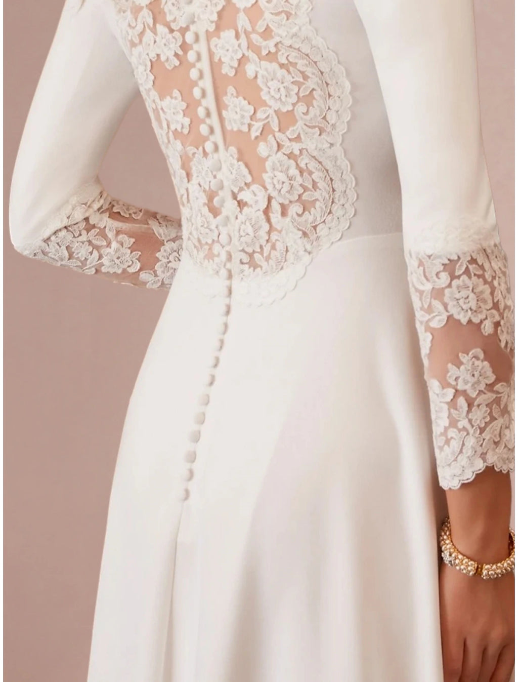 Ivory Crepe A-Line Tea-Length V-Neck Dress with Pleated Bodice & Lace Cuffs