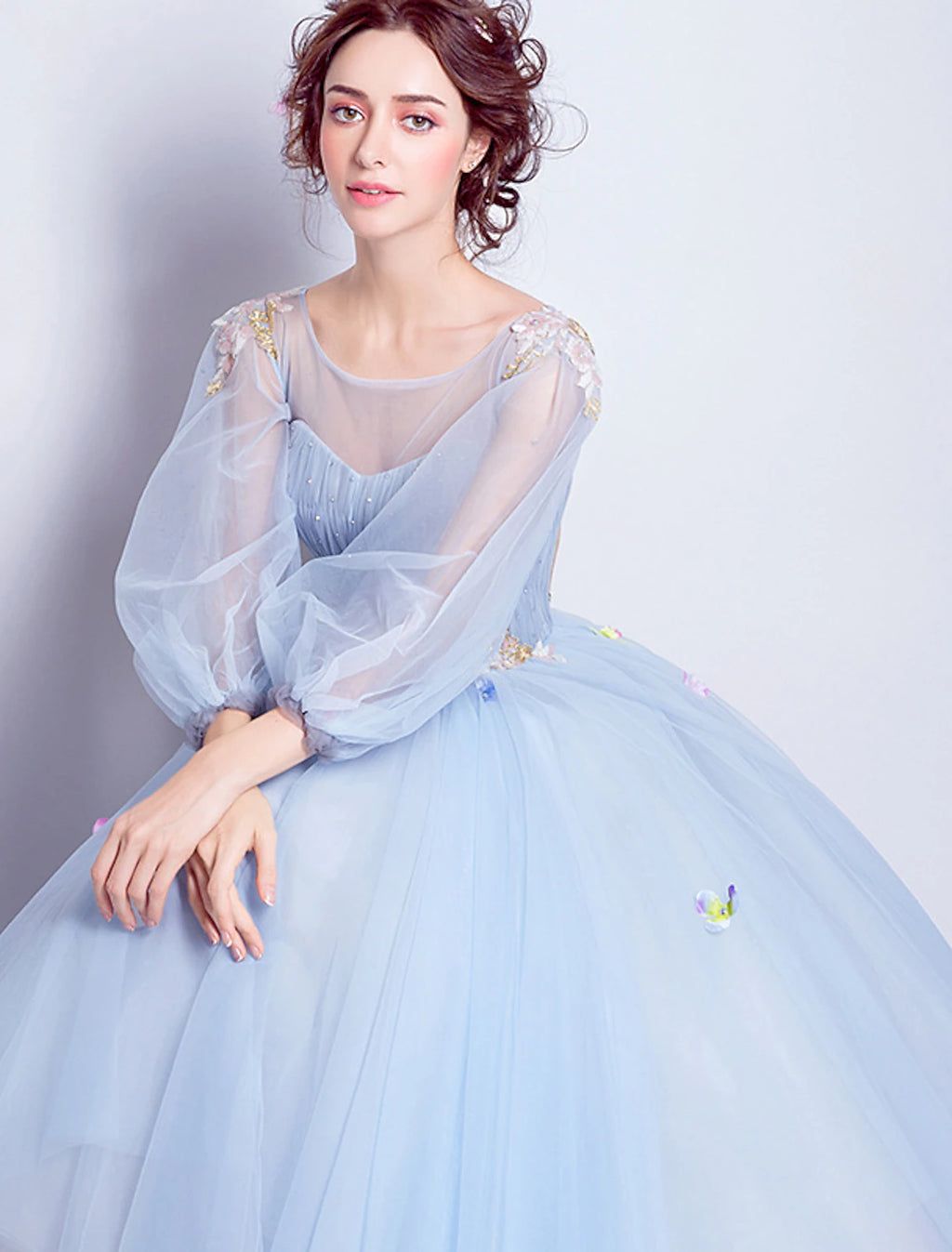 Sky Blue Tulle Ball Gown Floor-Length Dress with Illusion Neck & Floral Embroidery