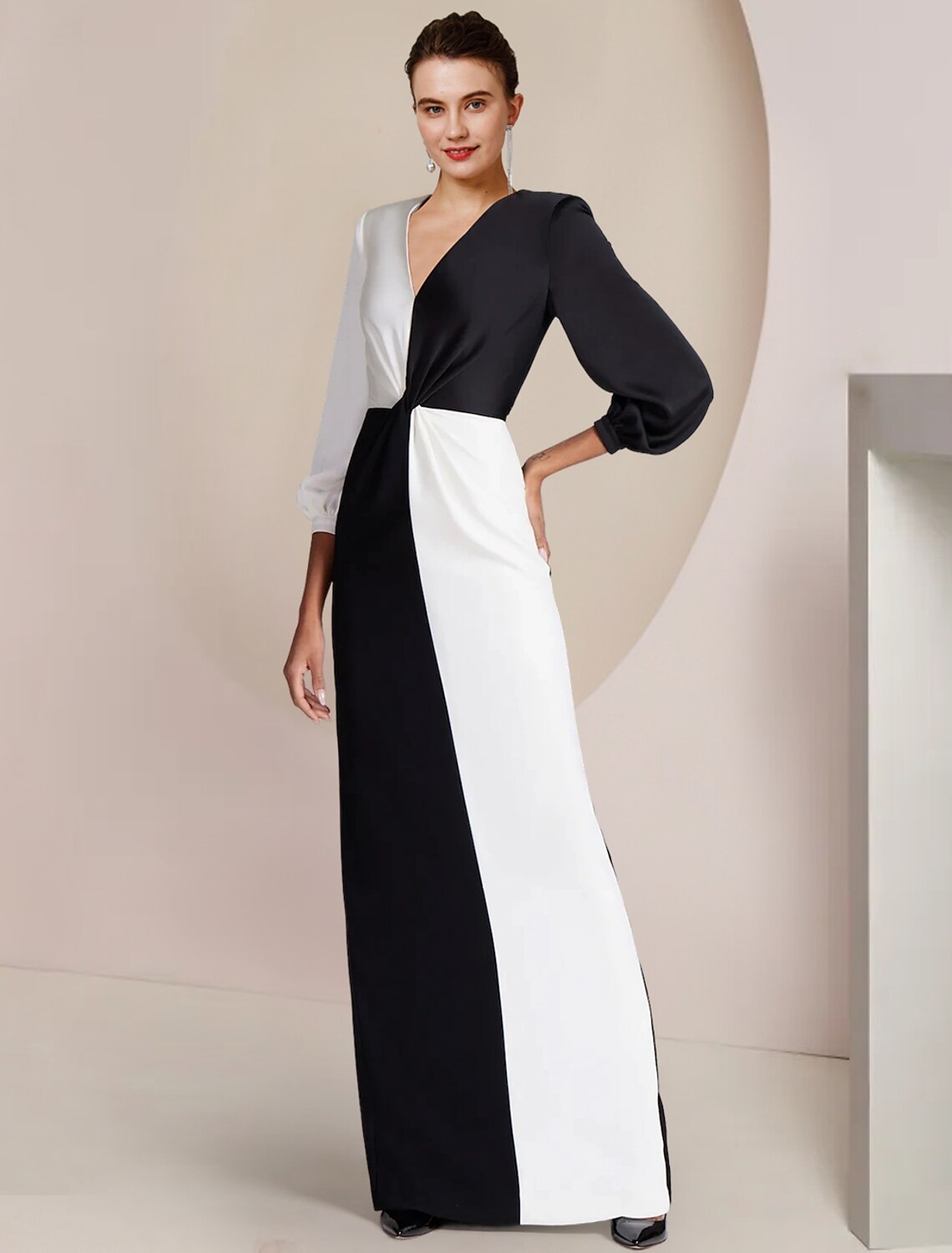 Sheath / Column Mother of the Bride Dress Formal Wedding Guest Party Elegant V Neck Floor Length  Satin 3/4 Length Sleeve with Color Block