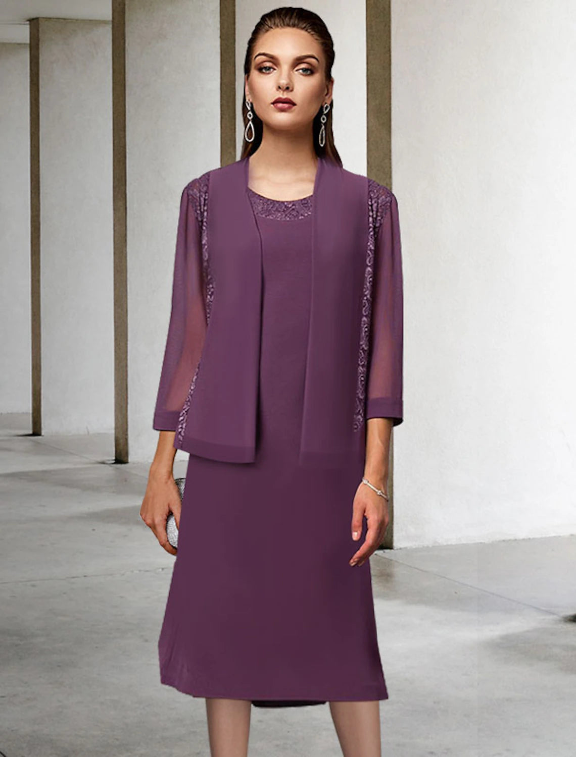 Vestido de madre de la novia de dos piezas, corte A, elegante, cuello joya, largo hasta la rodilla, de gasa, encaje, sin mangas, cruzado incluido, color sólido