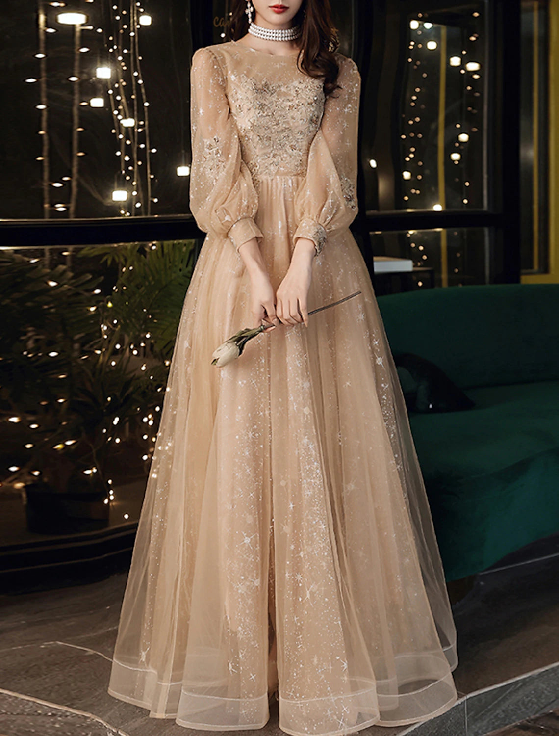 Vestidos de fiesta de corte A, bonitos vestidos de fiesta para invitados de boda, largos hasta el suelo, manga larga, cuello joya, tul con apliques de lentejuelas