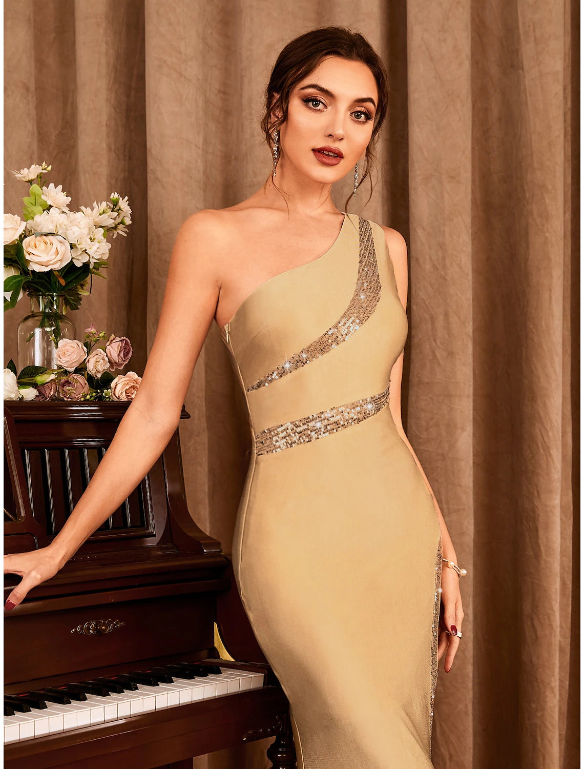 Gold Sequin Embellished One Shoulder Floor-Length Evening Dress with High Slit