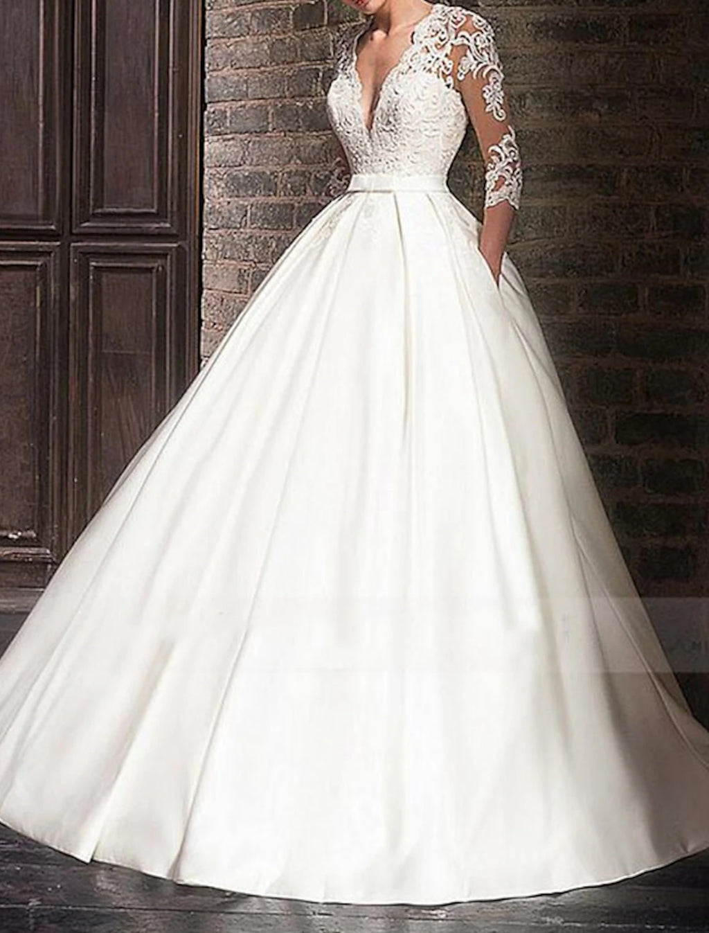 Vestidos de novia formales de compromiso, vestido de fiesta, escote en V, manga 3/4, largo hasta el suelo, de satén, con apliques