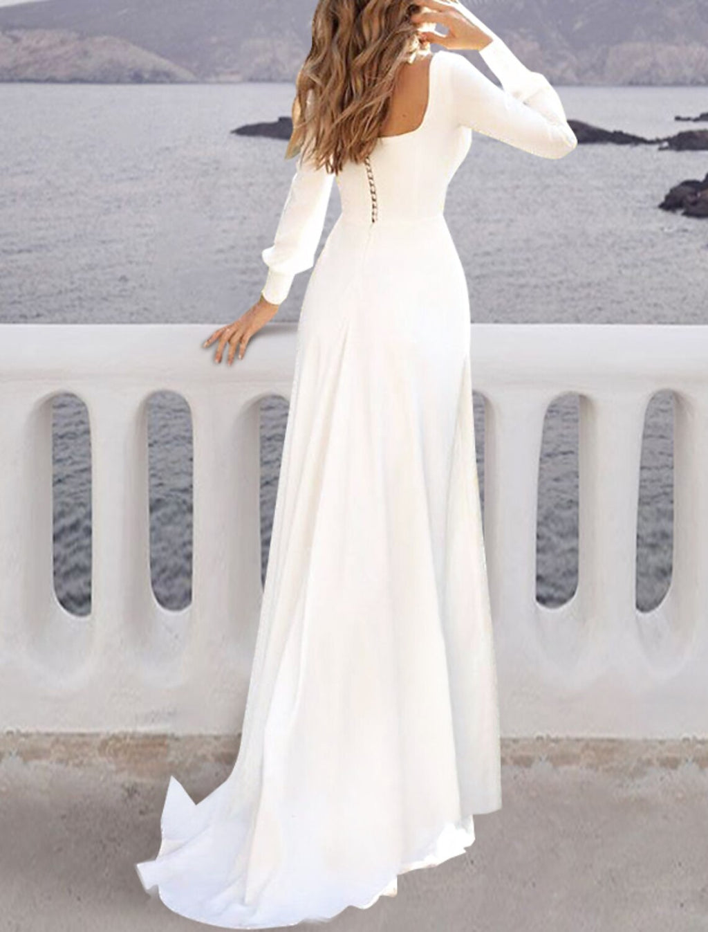 White Crepe A-Line Square Neck Floor-Length Dress with Puffed Long Sleeves