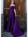 Purple Satin Off-the-Shoulder A-Line Floor-Length Evening Dress with High Slit