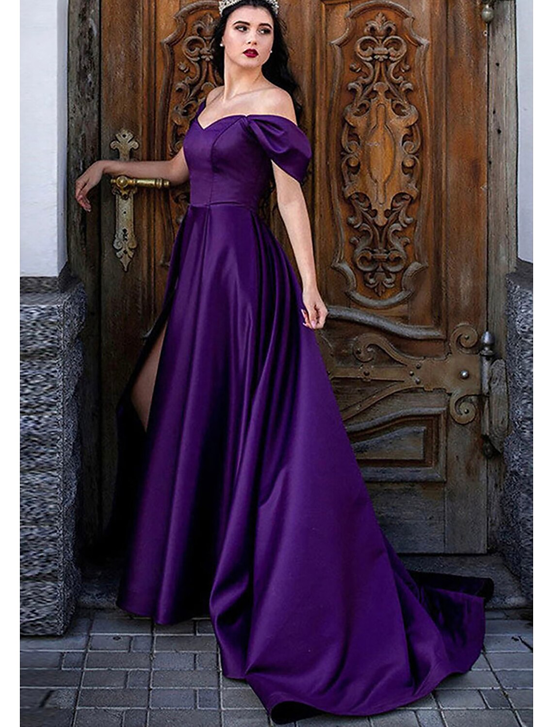 Purple Satin Off-the-Shoulder A-Line Floor-Length Evening Dress with High Slit