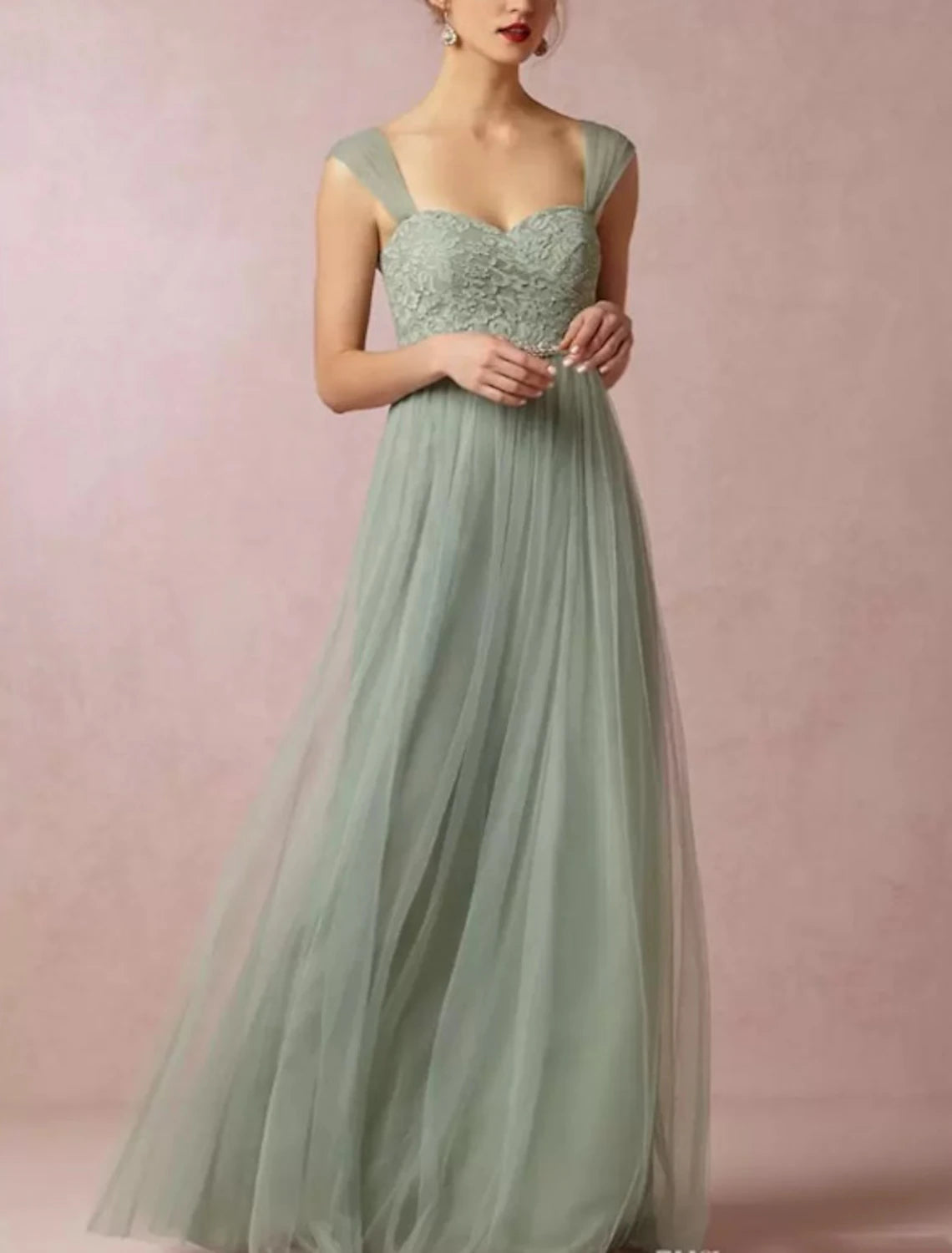 Dusty Sage Lace & Tulle A-Line Floor-Length Bridesmaid Dress with Sweetheart Neckline & Beaded Waist