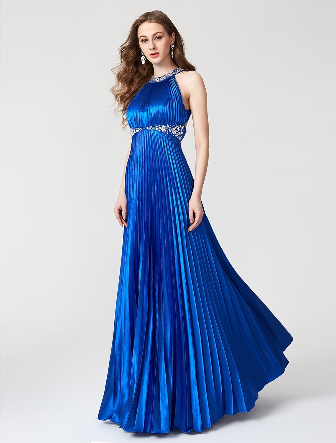 Royal Blue Satin A-Line Floor-Length Halter Pleated