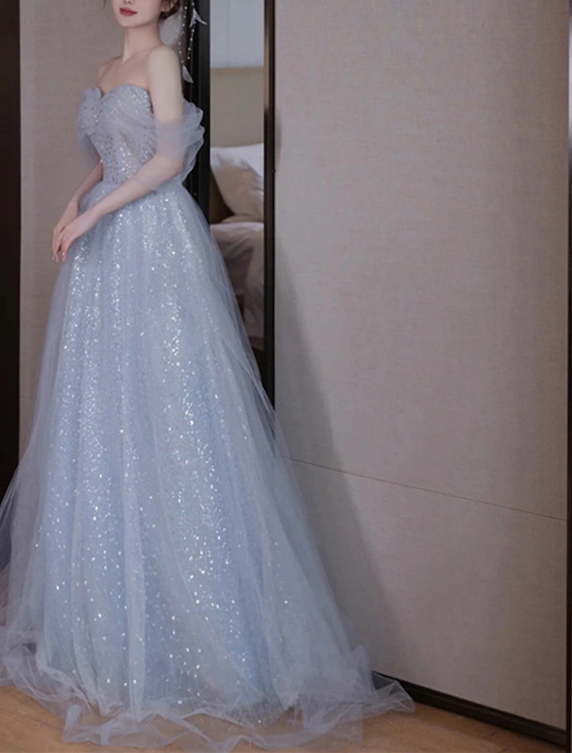 Abiti da festa a trapezio, scintillanti e brillanti, per invitati a matrimoni, balli di fine anno, lunghezza al pavimento, senza maniche, spalle scoperte, paillettes con paillettes