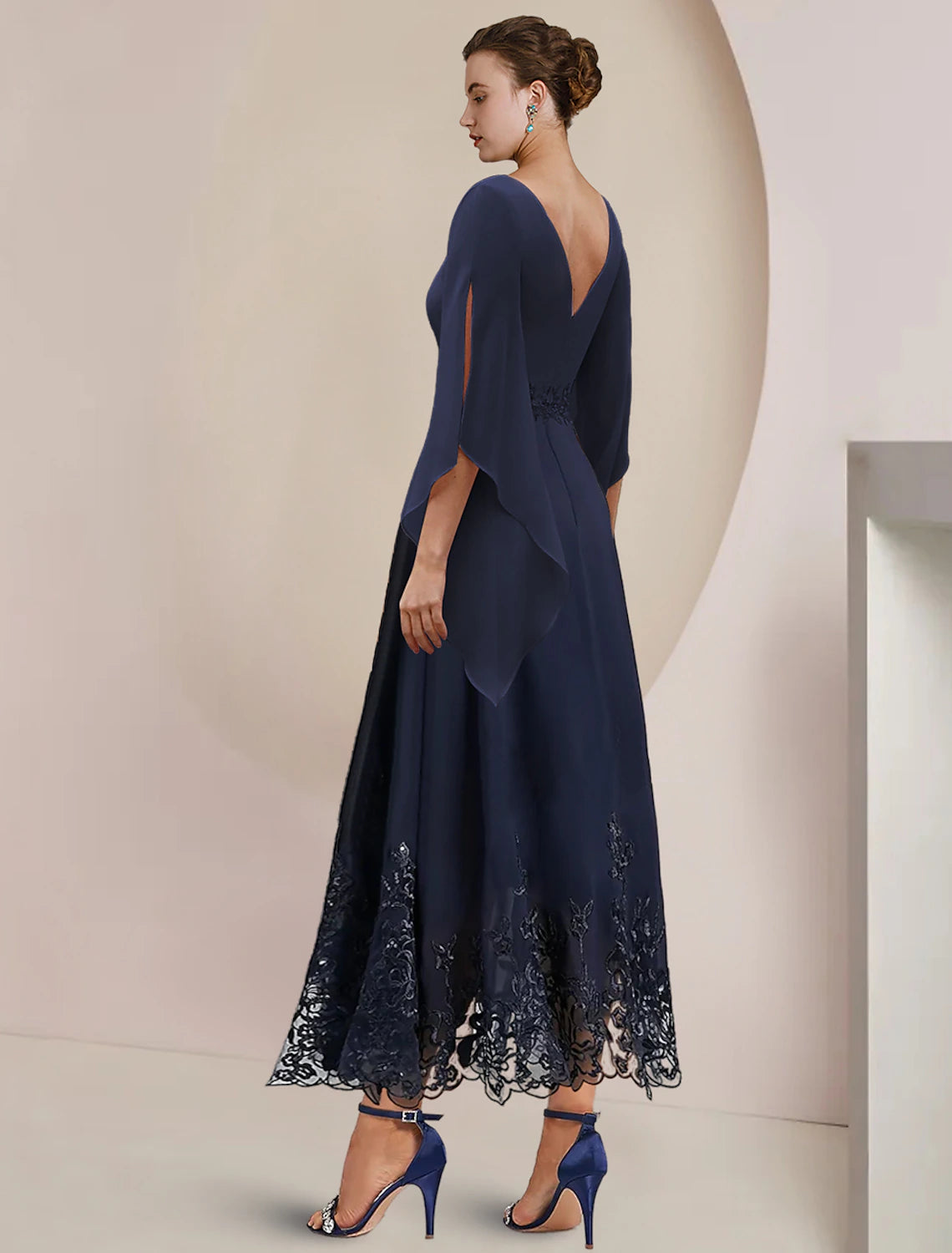 Dark Navy Chiffon A-Line Tea-Length Evening Dress with Lace Appliques and Scalloped Hem