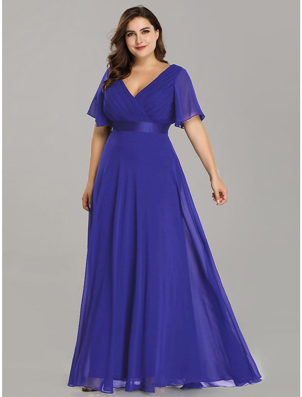 Vestido de madre de la novia de corte A, talla grande, elegante, escote en V, largo hasta el suelo, de gasa, manga corta con faja/cinta fruncida